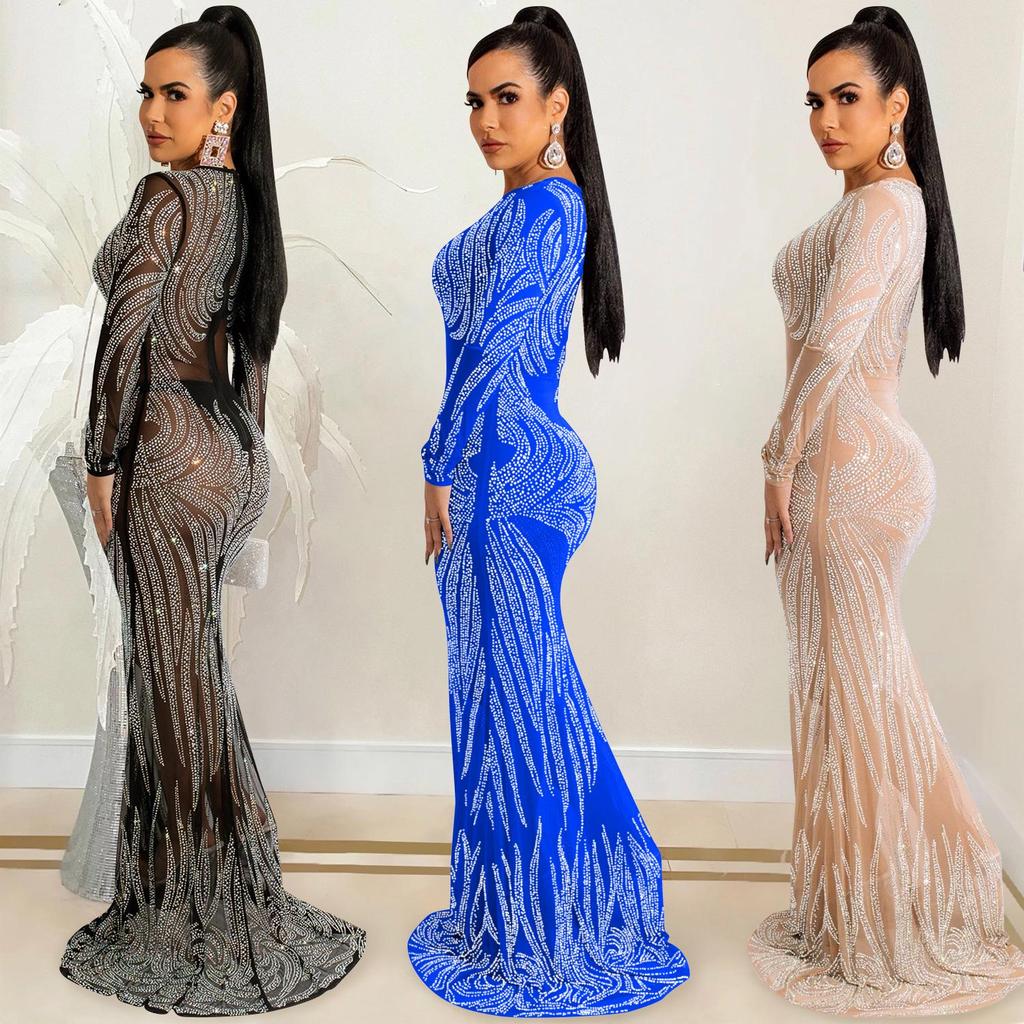 Rhinestone Mesh See-through Long Sleeve Nightclub Dress