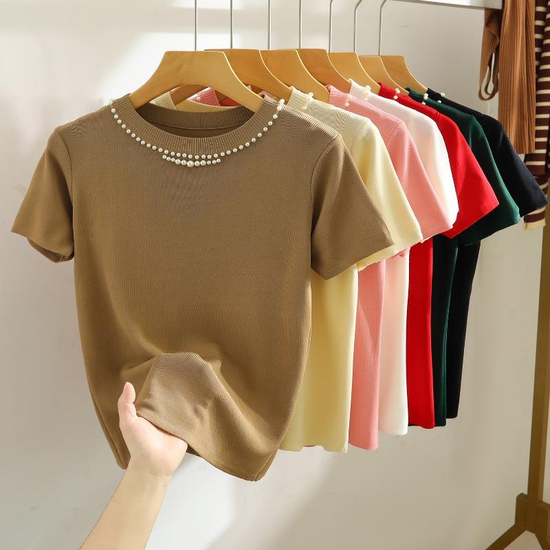 Fashion Short Sleeve Loose Knitted T Shirt Women Summer New Beading Round Neck Casual Women's T-shirt Tops Elegant Slim Fit Simple Woman Tee 26235