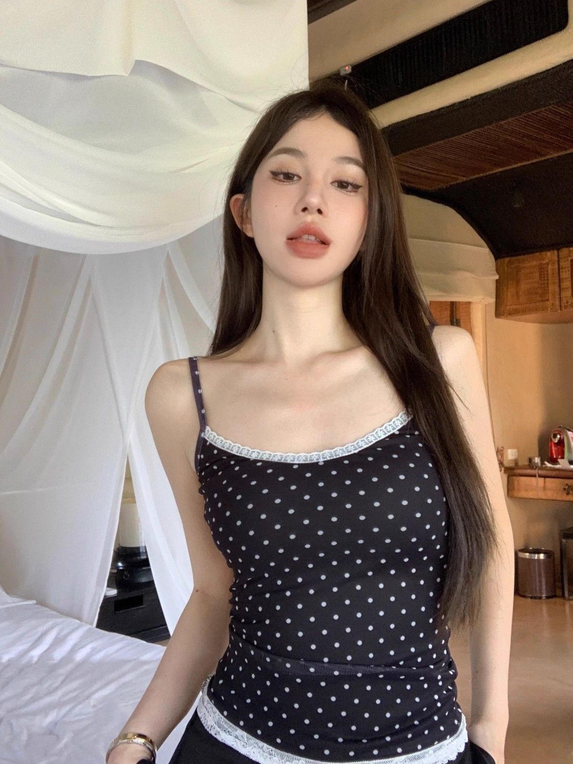 

Summer Spice Girls Inside Pure Desire Outside Girl Suspender Skinny Slim Fit Lace Splicing Polka Dot Student Vest L (recommended 57.5-65kg ) чорний