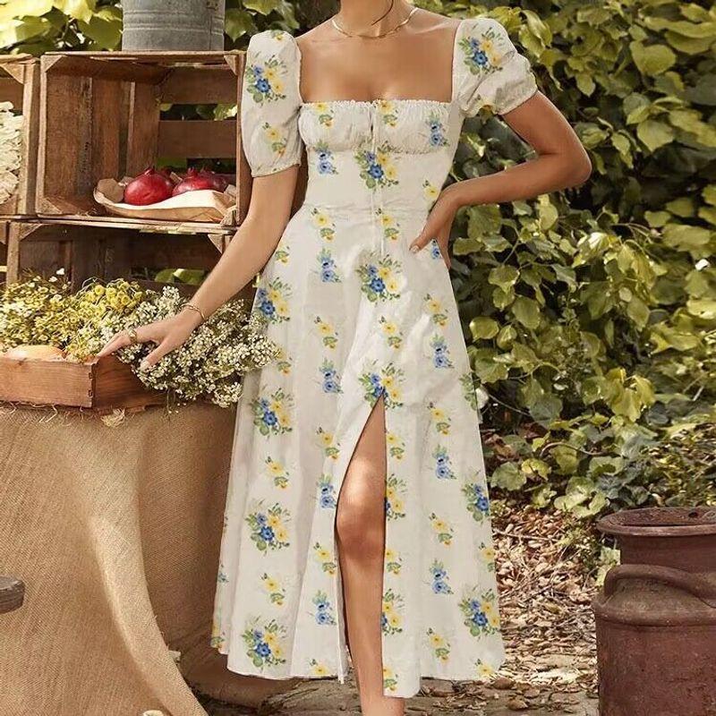 Fashion Wind Young Sexy Square Collar Lace up Small Floral Print Silm Puff Sleeves Elegant High Slit Dress Female