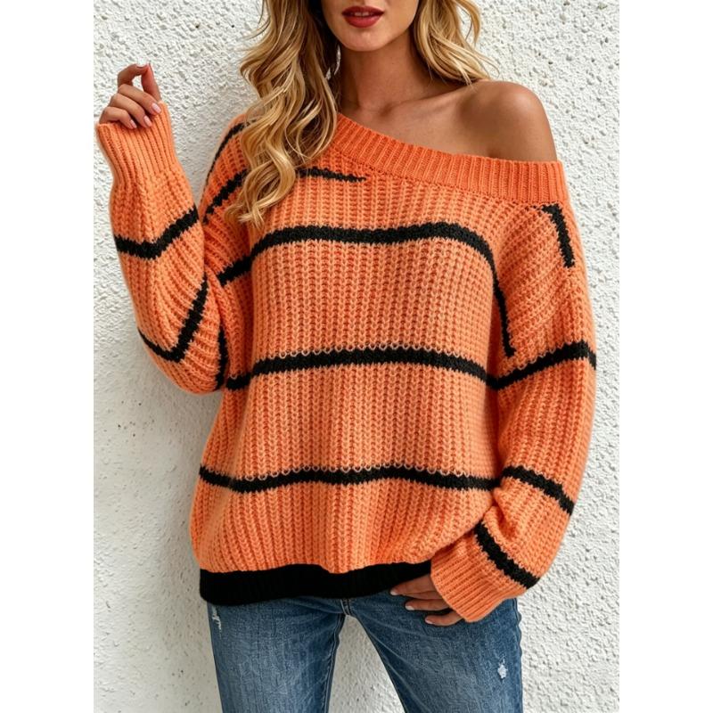 Women Casual Off Shoulder Knit Sweater Loose Fit Long Sleeve Pullover