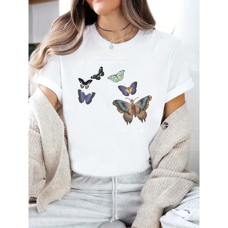 

Европейские размеры Женская хлопковая футболка с графическим изображением бабочки - Повседневная футболка с коротким рукавом и круглым вырезом с вдохновляющей цитатой, S белый