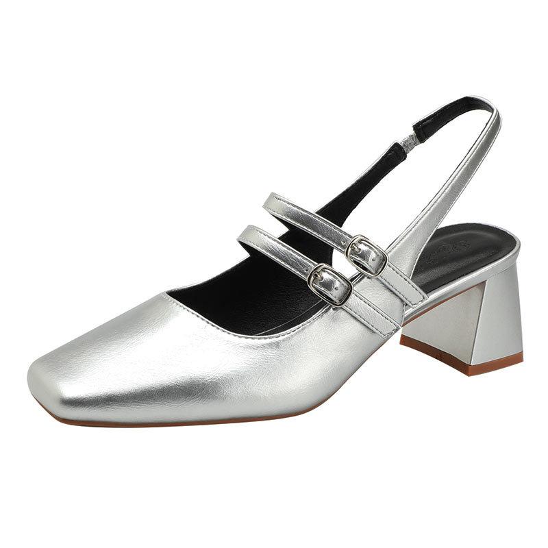 Baotou Sandals Women's Summer French Mary Jane Shoes 2025 New One-word Strap High Heels Thick Heel Square Head Single Shoes