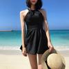 Pleated Backless Skirt Swimsuit Slim Fit Hot Spring Swimwear Sweet Hanging Neck Swimsuit  Women