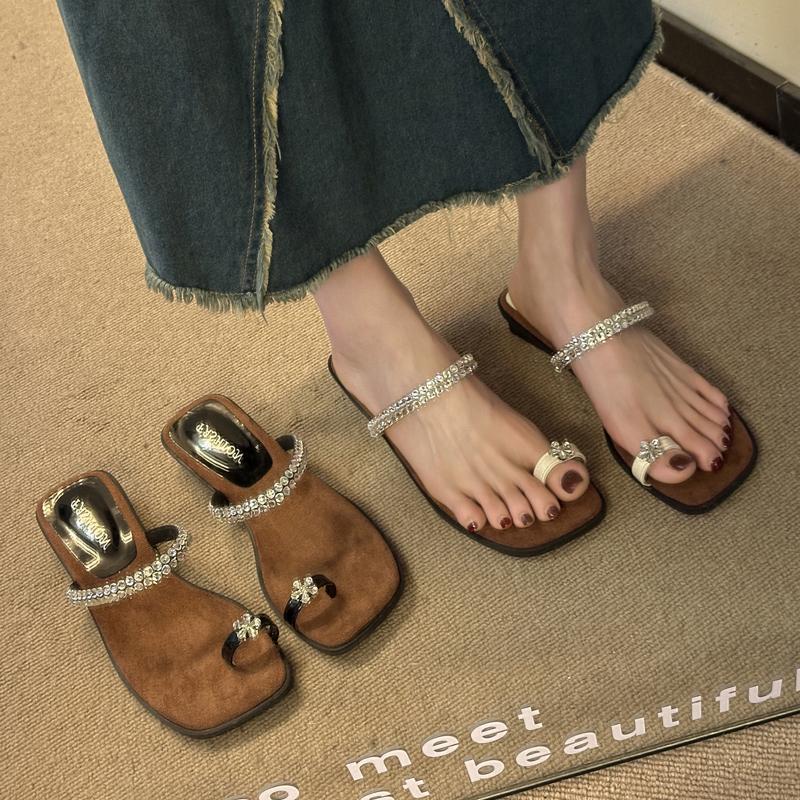 Fashion Shoes Woman's Slippers Glitter Slides Square Toe Rubber Flip Flops Shale Female Beach 2025 Jelly Hawaiian Sabot Soft Crystal