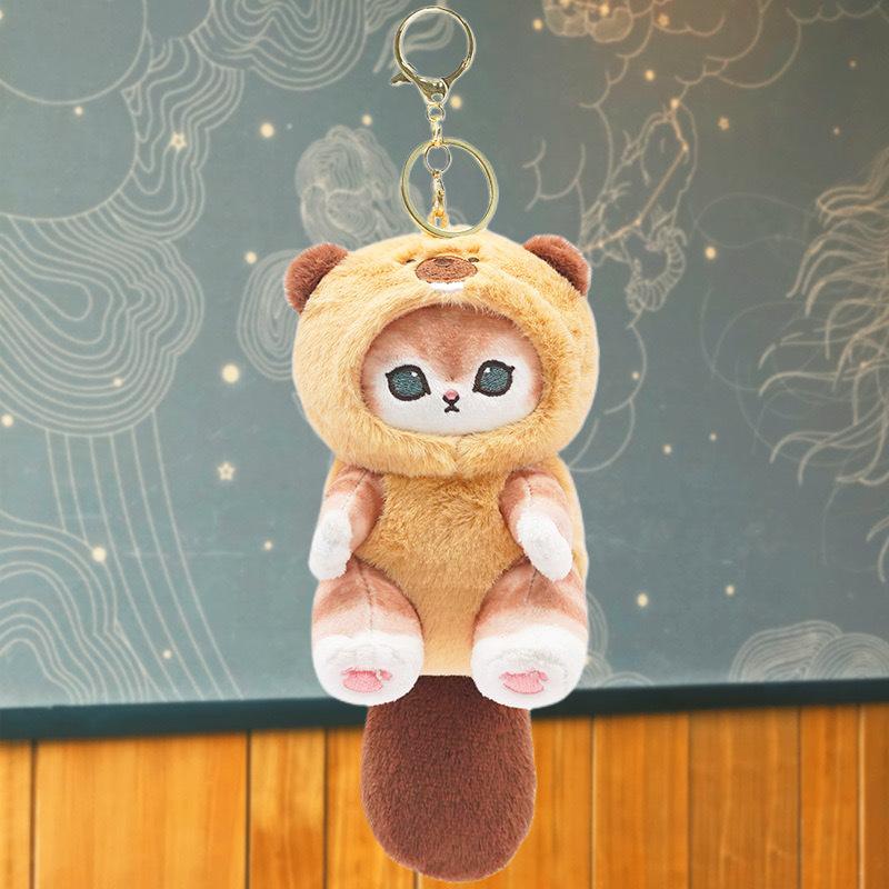 Cute Cartoon Plush Keychain Cross Dressing Raccoon Shark Cat Women Bag Backpack Pendant Plush Toy Doll Girl Key Chain Pendant