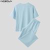 INCERUN Two Pieces Outfits Men V Neck Texture Short Sleeve Shirt Long Straight Pants Sets