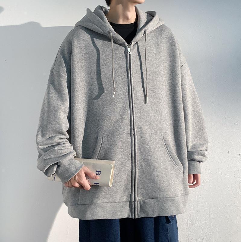 Men's Hong Kong Fashion Zip-Up Cardigan: Loose Hooded Jacket, Trendy Autumn Solid Color Top