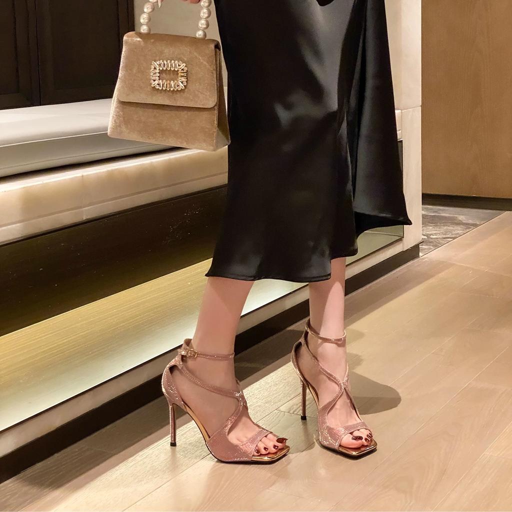 Open-toed sexy high heels sandals women's 2025 new fish mouth cross pink rhinestone square head summer fashion versatile