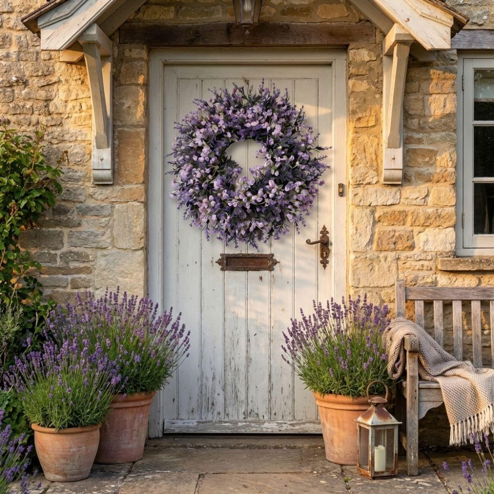 Lifelike Artificial Lavender Wreath Vivid Colors Fresh Lavender Floral Wreath Plastic Handmade Simulated Garland Porch Window