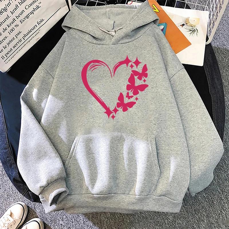 Love and Butterfly Pattern Hoodie Autumn Winter Women Casual Fashion Hip Hop Street Hoodies Simple Fleece O-Neck Sweatshirts