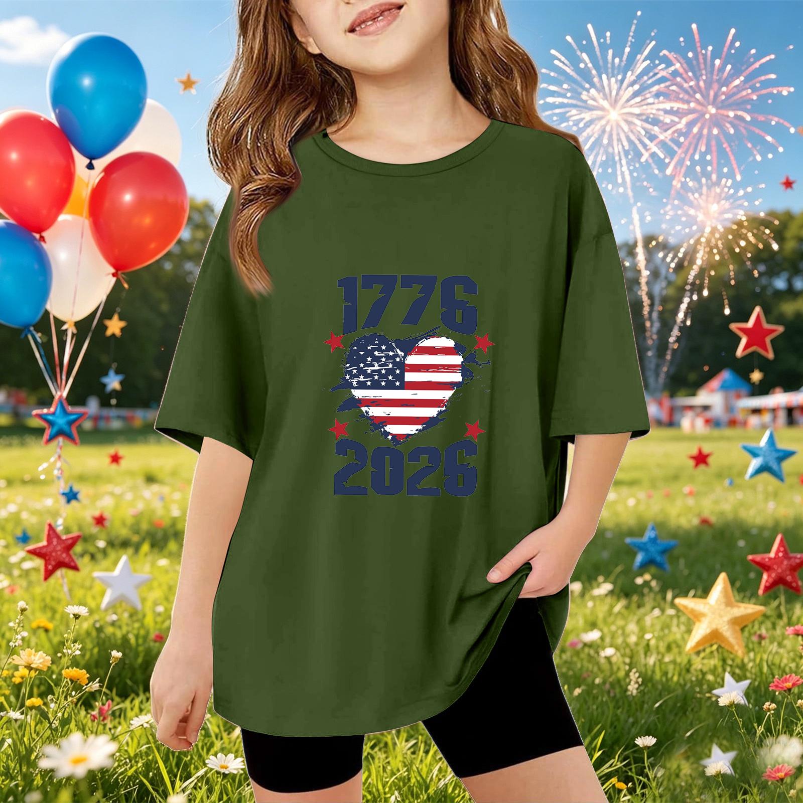 

Kids Short Sleeve T Shirt Independence Day Print Top 1776 2026 Casual Fit Comfortable Cotton Blend Tee for Boys Girls 130