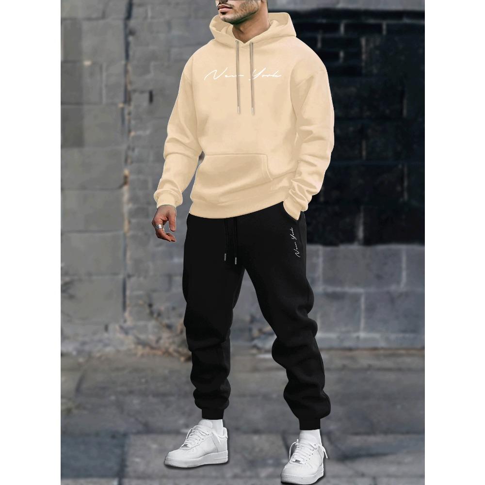 Men's Printed Hoodie and Pants Paired with Velvet, New Autumn and Winter Two Piece Couple Sportswear and Drawstring Casual Pants