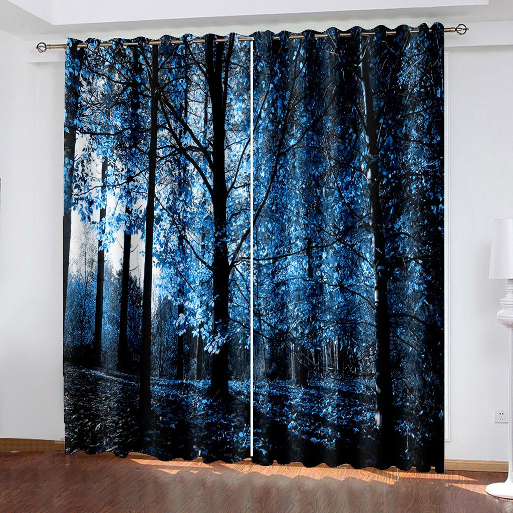 VividHome Blaue Vorhänge mit Vollmond-Waldszene, 3D-Digitaldruck, für Wohnzimmer, Schlafzimmer, Heimdekoration