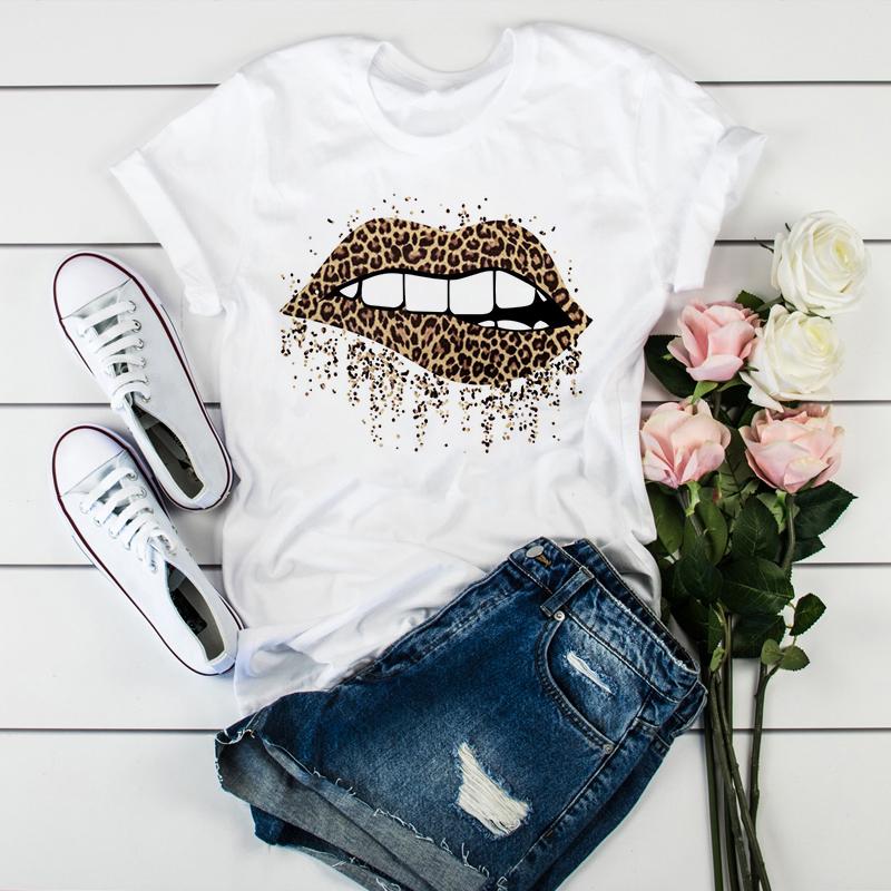 Women Lips Leopard Gold Glitter Print Trendy Graphic Designs T Shirt For Lady Shirt Harajuku O