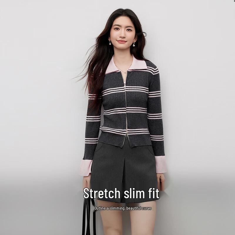 Women's Double Zipper Lapel Knit Cardigan with Flared Sleeves