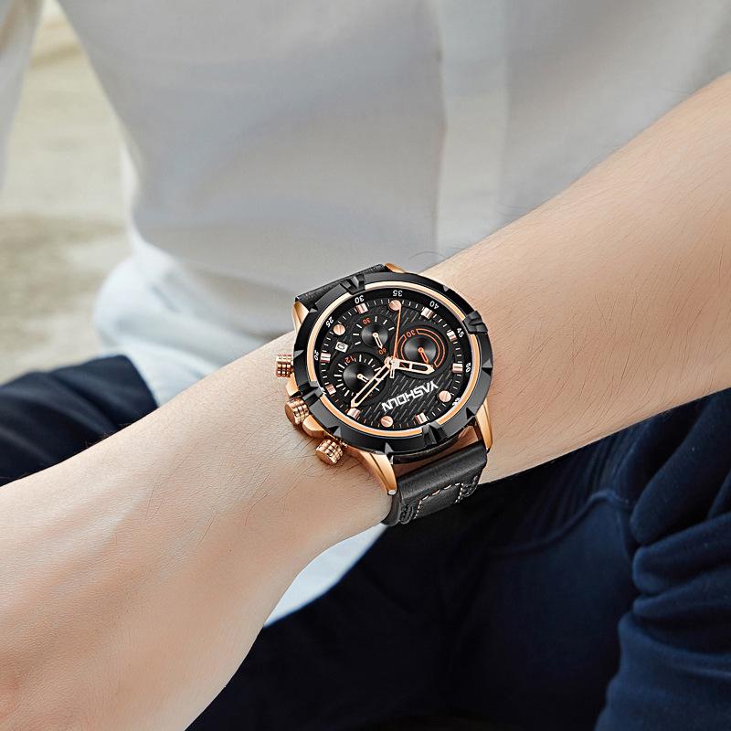 Men's Multi-functional Quartz Sports Watch with Genuine Leather Band