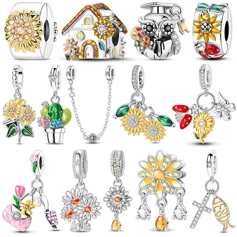 925 Sterling Silver Yellow Flower Sunflower Pendant House Owl Beads Slippers Bag Charms Beads Fit DIY Silver Bracelets Jewelry