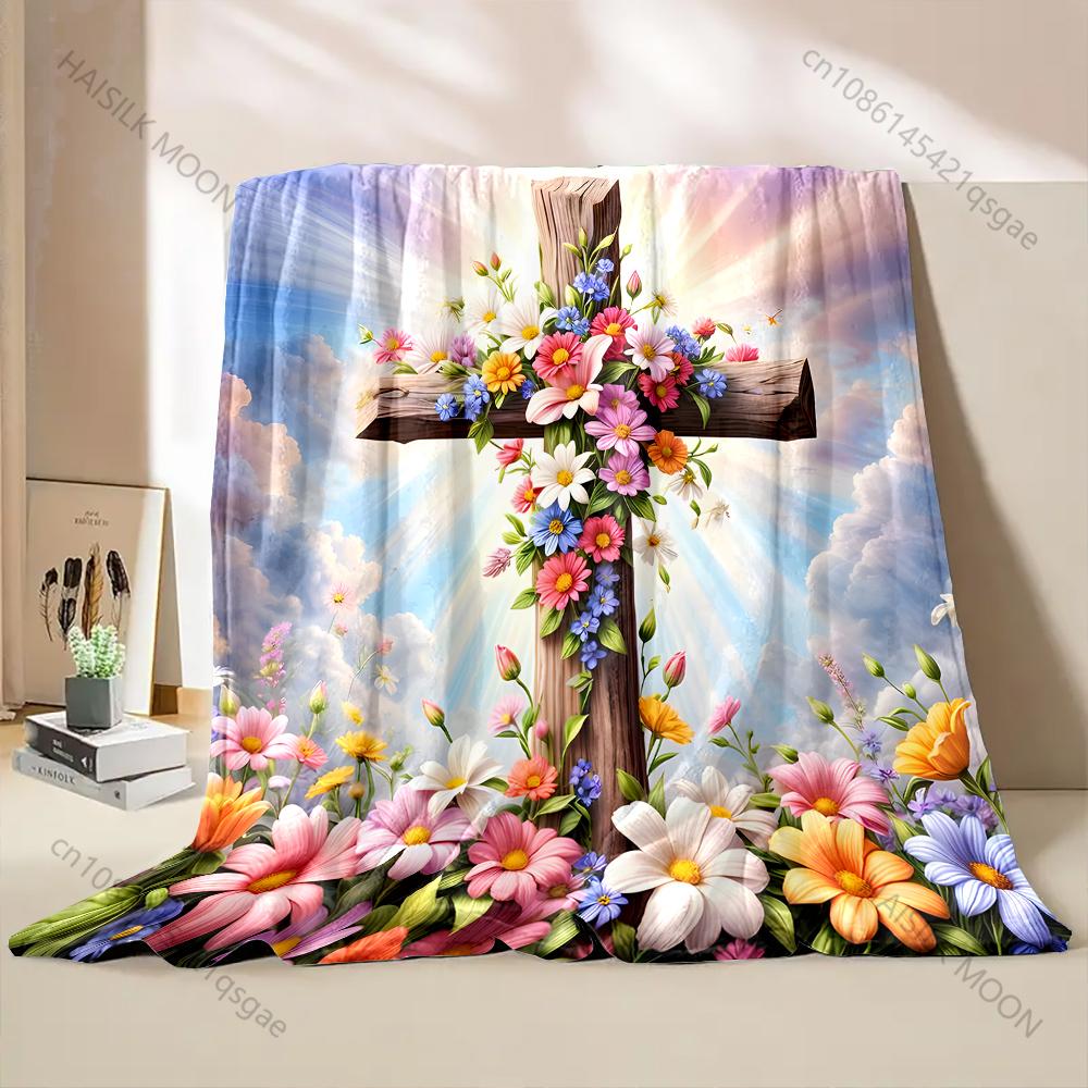 Flower Cross Pattern Believer Blanket Warm Soft Fluffy Kids and Adult Sofa Bed Throw Blanket Suitable Home Travel Camping Gifts