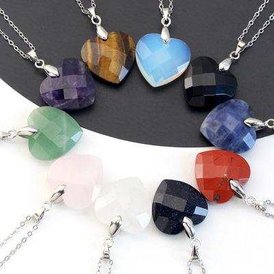 Valentine's Day Crystal Heart Pendant Necklace for Women, Natural Stone & Titanium Steel