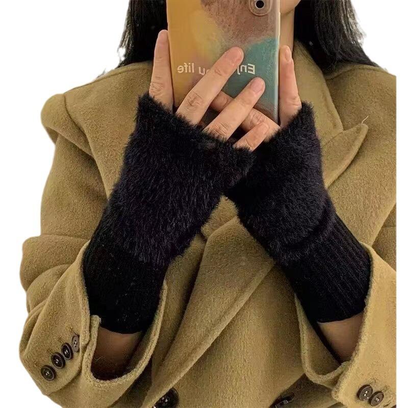 Autumn and winter half-finger flip, new student knitted gloves, warm, thickened and velvet, leaking fingers