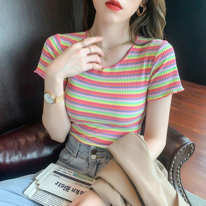 New Spice Girl Sexy Pure Desire Striped Short Sleeve T-Shirt Slim and Skinny High Waist Fungus Edge Top ins Women