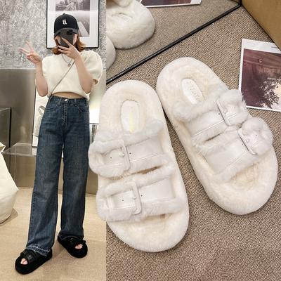 2025 Winter Warm and Velvet Outer Wear Fluffy Slippers Women's Versatile Thick Bottom Comfortable One-character Cotton Slippers
