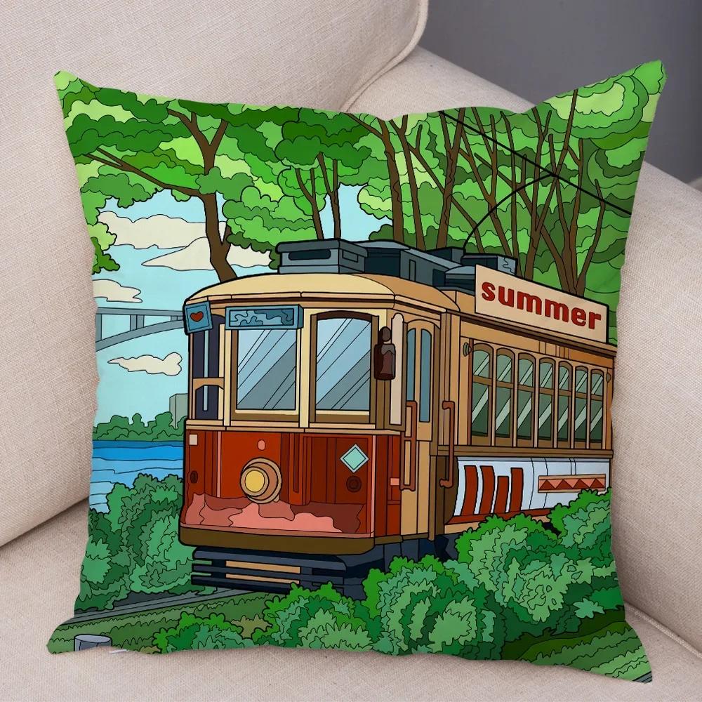 Pillowcase Happy Camper Cartoon House Travel Car Cushion Cover Sofa Home Super Soft