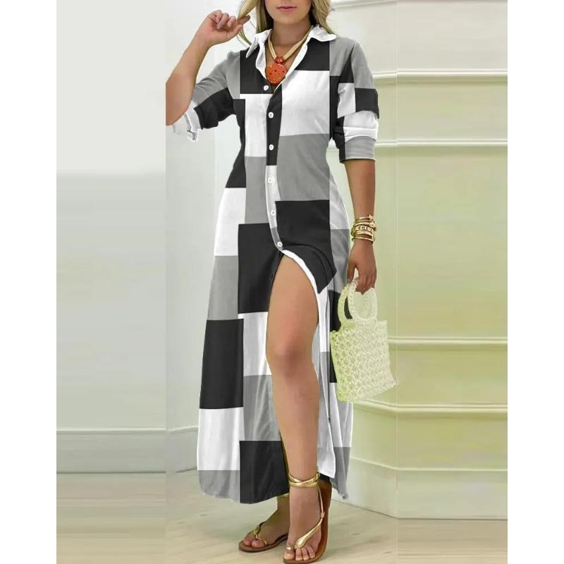 Wish Summer Long Sleeve Collar Simple Button Shirt Dress Women s Clothing S