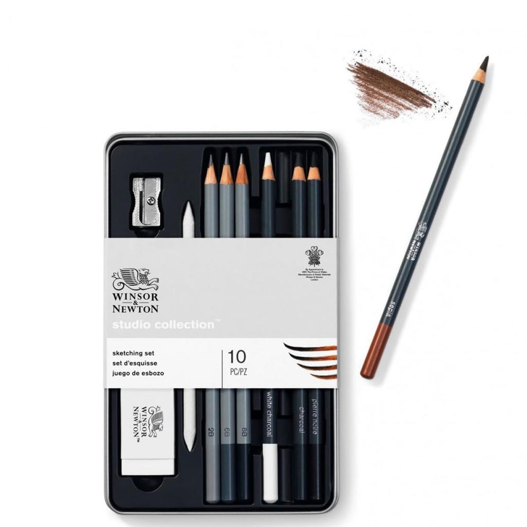 Winsor & Newton Studio Collection Sketching Set Artist Graphite & Charcoal Pencils (7 Pencils + 3 Extra Pencils) 490010