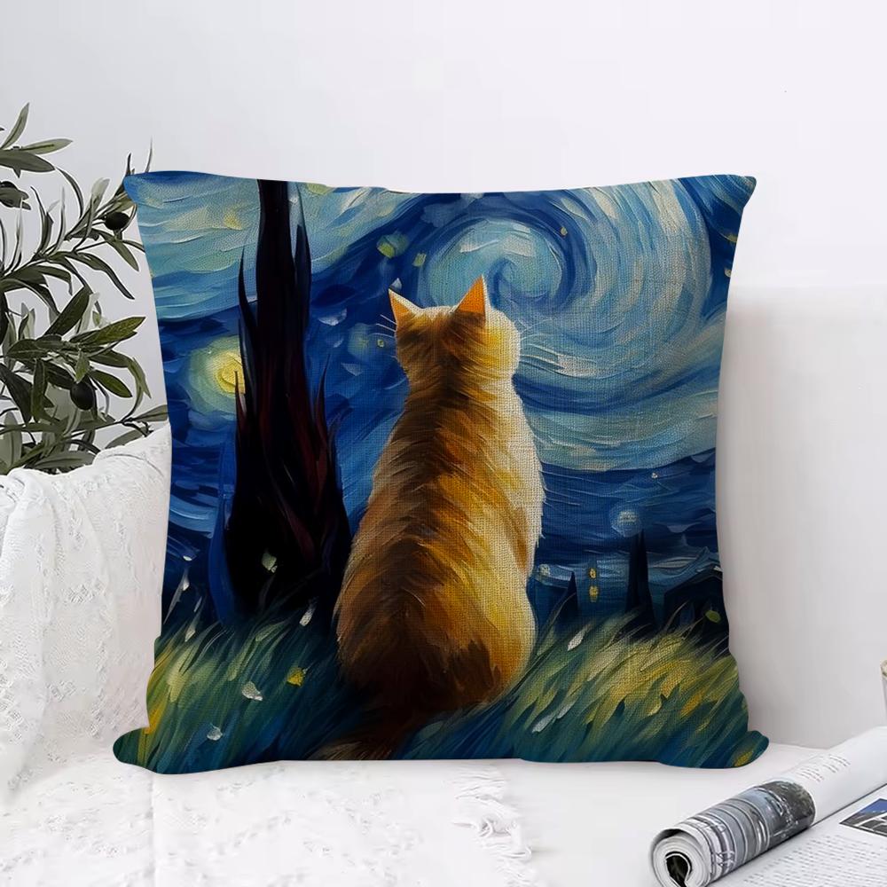 Van Gogh Starry Sky Cat Cushion Cover Eco Linen Pillow Case DoubleSided Print Breathable Durable Zipper Home Decor Gift