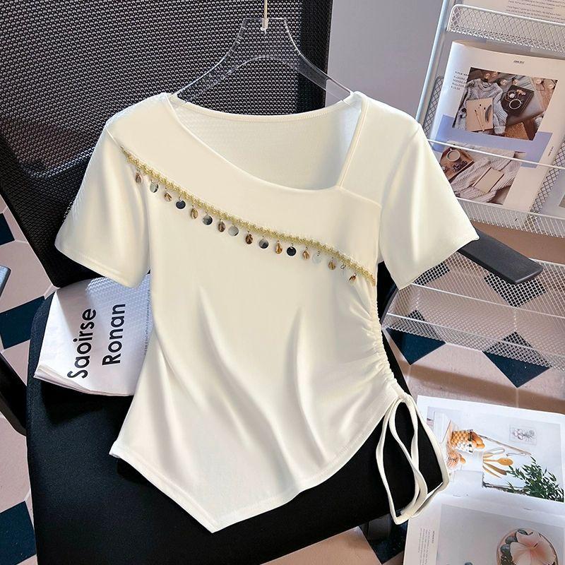 

Женские милые топы с открытыми плечами и короткими рукавами, модные, элегантные, благородного стиля, летние футболки 4XL бежевый