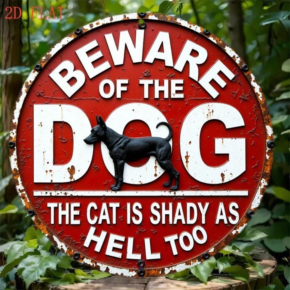 Vintage Metal Sign Rusty Farmhouse Wall Decor 8 Inch Round Beware of Dog Warning Plaque Retro Red White Funny Pet Caution