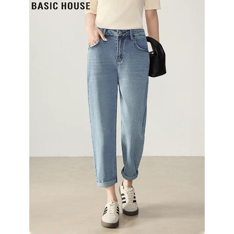 Basic House Women s High-Waist Cropped Harem Jeans L