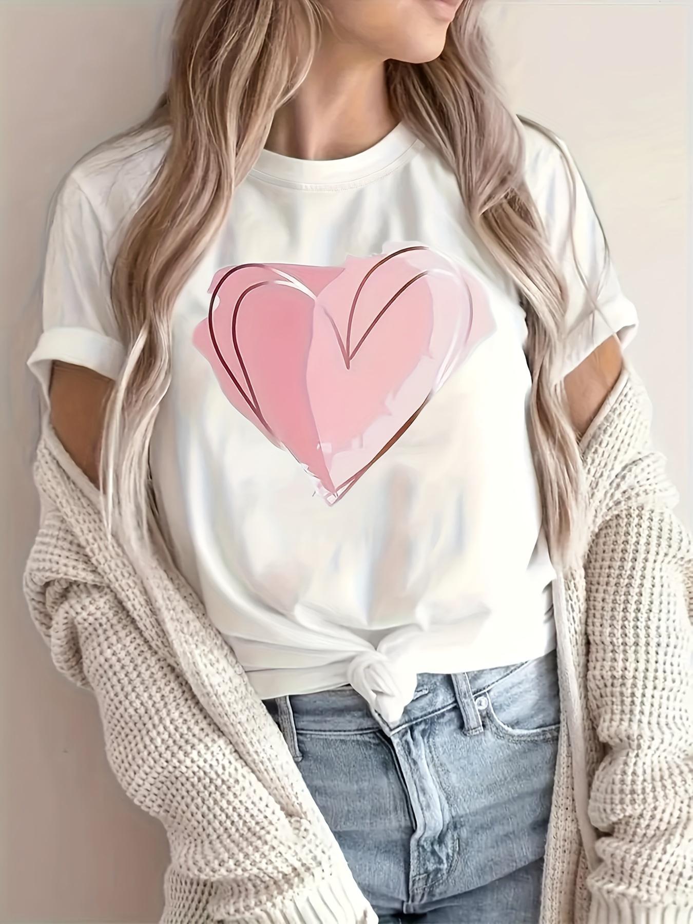 

Футболка с круглым вырезом и принтом в виде сердца, повседневная футболка с коротким рукавом для весенне-летней женской одежды, слегка эластичные рубашки XXXL