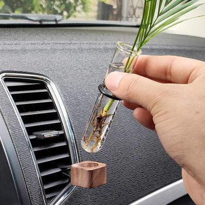 Stabilní Mini Auto Květinová Váza Klip Elegantní Nastavitelná Květinová Váza do Větrací Mřížky Auta Ořech a Sklo Kreativní Dekor do Větrací Mřížky Auta Palubní Deska
