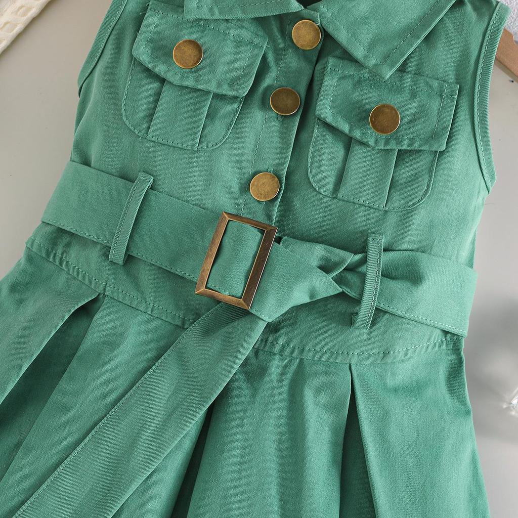 Girls' Solid Color Sleeveless Belted Dress