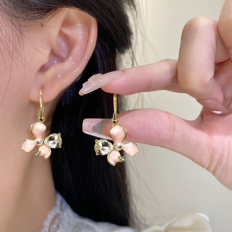 Pink Cubic Zirconia Enamel Drip Flower Earrings with Ear Hooks - Elegant and Sweet Design for Women