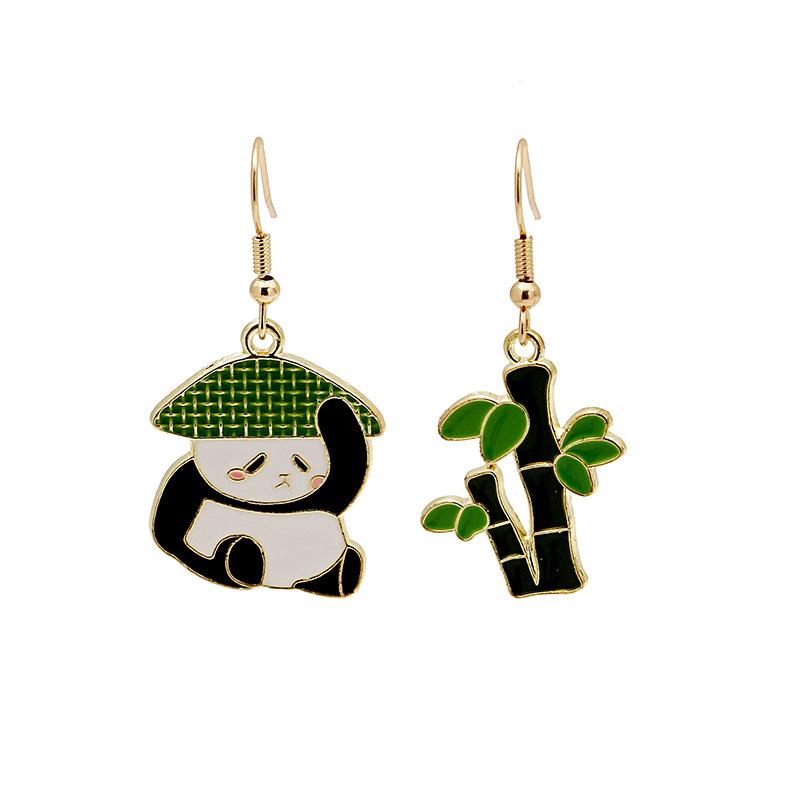 Fun Cartoon Asymmetrical Oil Drop Earrings, Guochao Panda Animal Fruit Earrings, Cute Mushroom Leaf Earrings