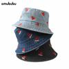 Watermelon embroidered denim bucket hat men's wide eaves sunshade fashionable versatile face small bucket hat girls sunscreen hat