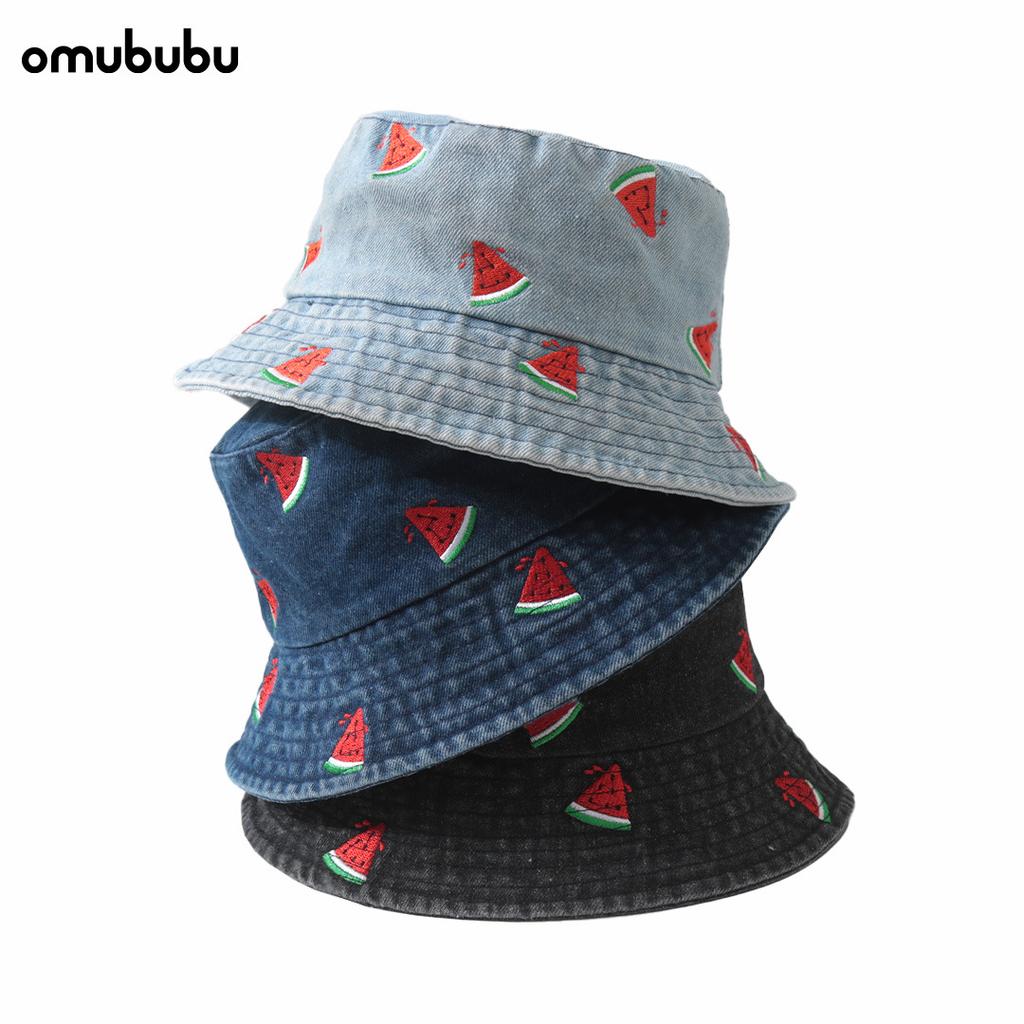 Watermelon embroidered denim bucket hat men's wide eaves sunshade fashionable versatile face small bucket hat girls sunscreen hat