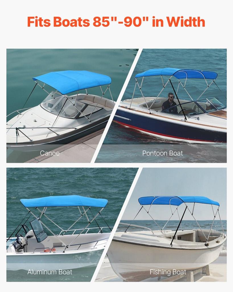 4 Bow Boat Bimini Tops 96"Lx(85"-90")W X 54"H Awning Canopy Pacific Blue