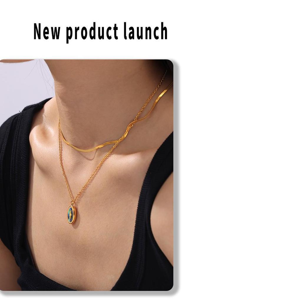 Colorful Oval Shell Pendant Necklace In Gold Plated Titanium Steel