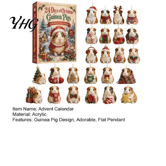 Decorative Acrylic Pendants Guinea Pig Advent Calendar, 24-Day 2D Ornament Set with Christmas Countdown Gift Box Outfits, Tree Hanging Decor, for Pet