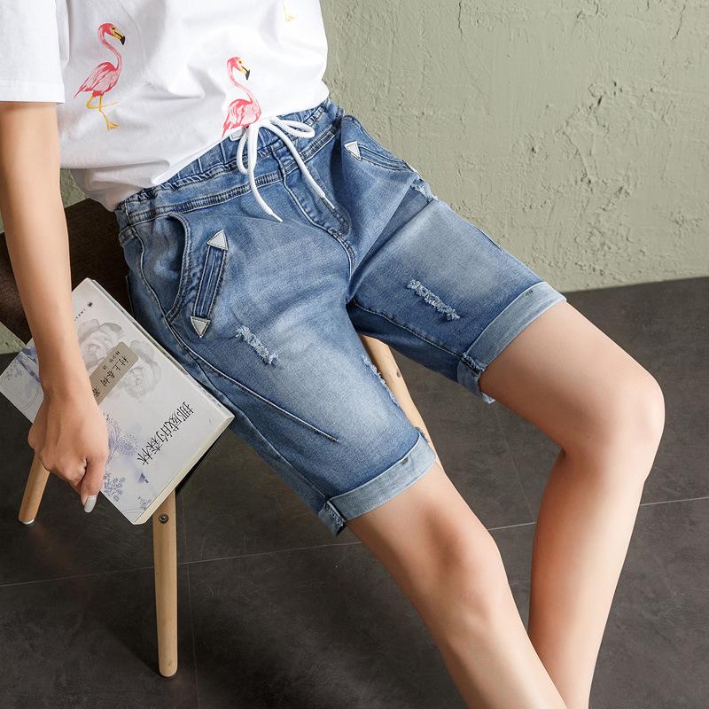 Pantaloni scurți din denim pentru fete de mărime mare, elastici de primăvară, talie înaltă, pantaloni largi rupti cu piciorul lat al cincilea