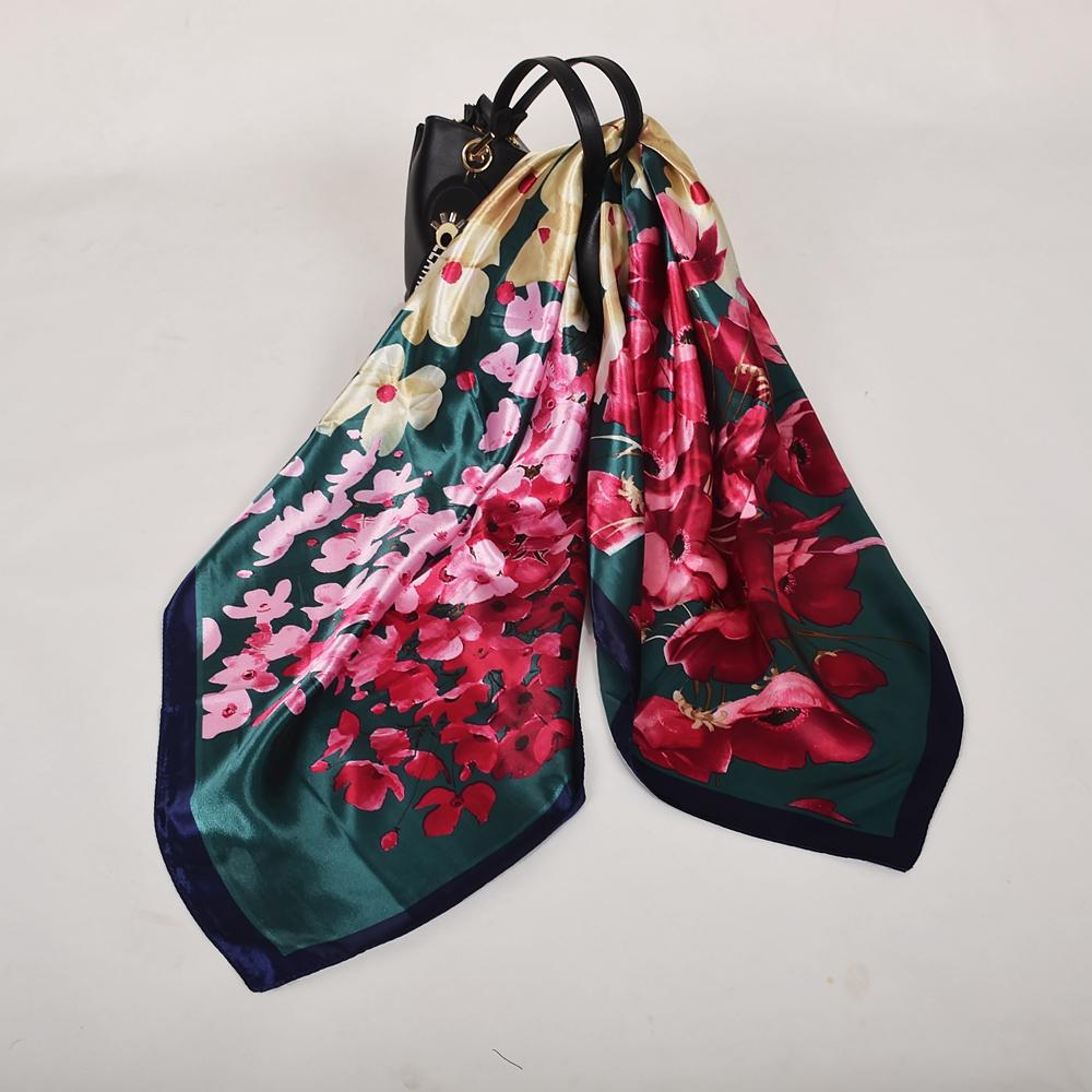 Winter Blue Red Silk Scarf Hijab Ladies Fashion Accessories Satin Square Scarves Foulard Spring Fall Head Scarves Shawls 90*90cm