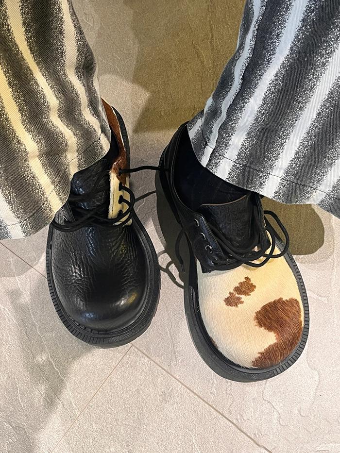 

Top version~ Internet celebrity cow pattern small leather shoes, horse hair derby shoes, men and women with the same mandarin duck lace-up thick heel 35