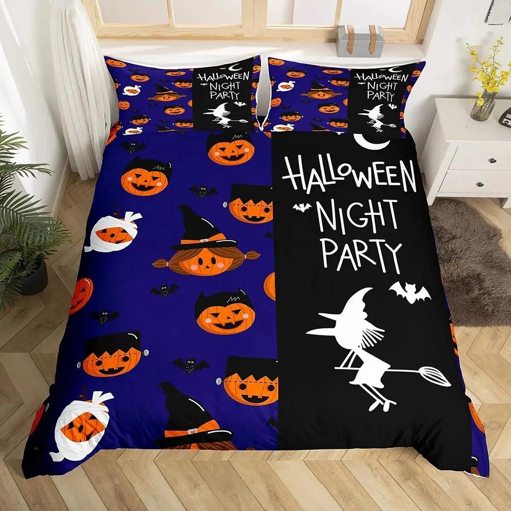 Halloween Duvet Cover Set Gothic Spooky Bedding Sets,Pumpkin Lantern Comforter Cover Horror Ghost Witch Hat Cat Bat Quilt Cover
