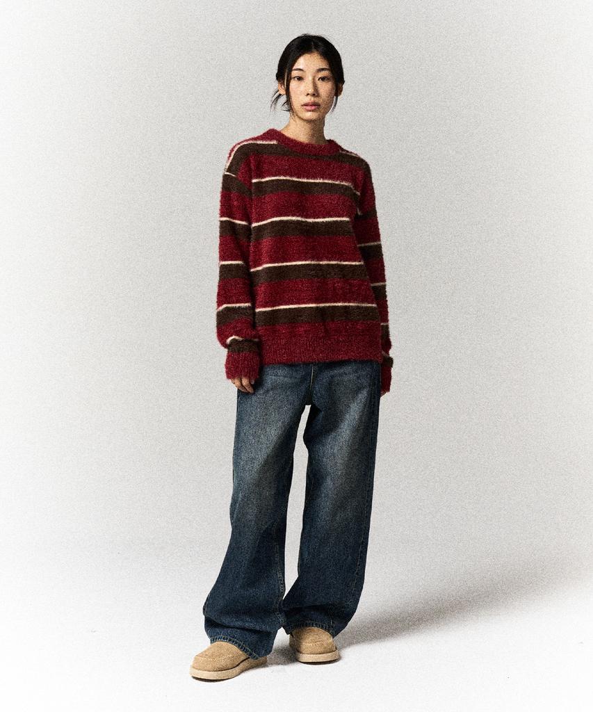 SLOWACID Hairy Stripe Pullover Knit [Red]