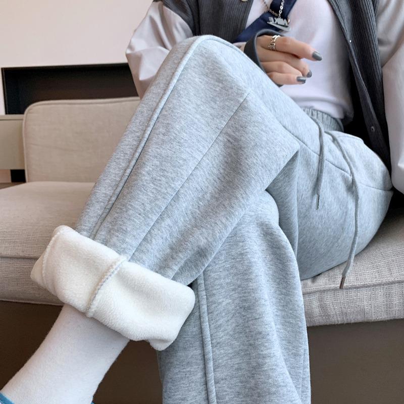 Sweatpants women's autumn and winter new loose casual pants slimming fleece thickened sweatpants high waist small man tied feet